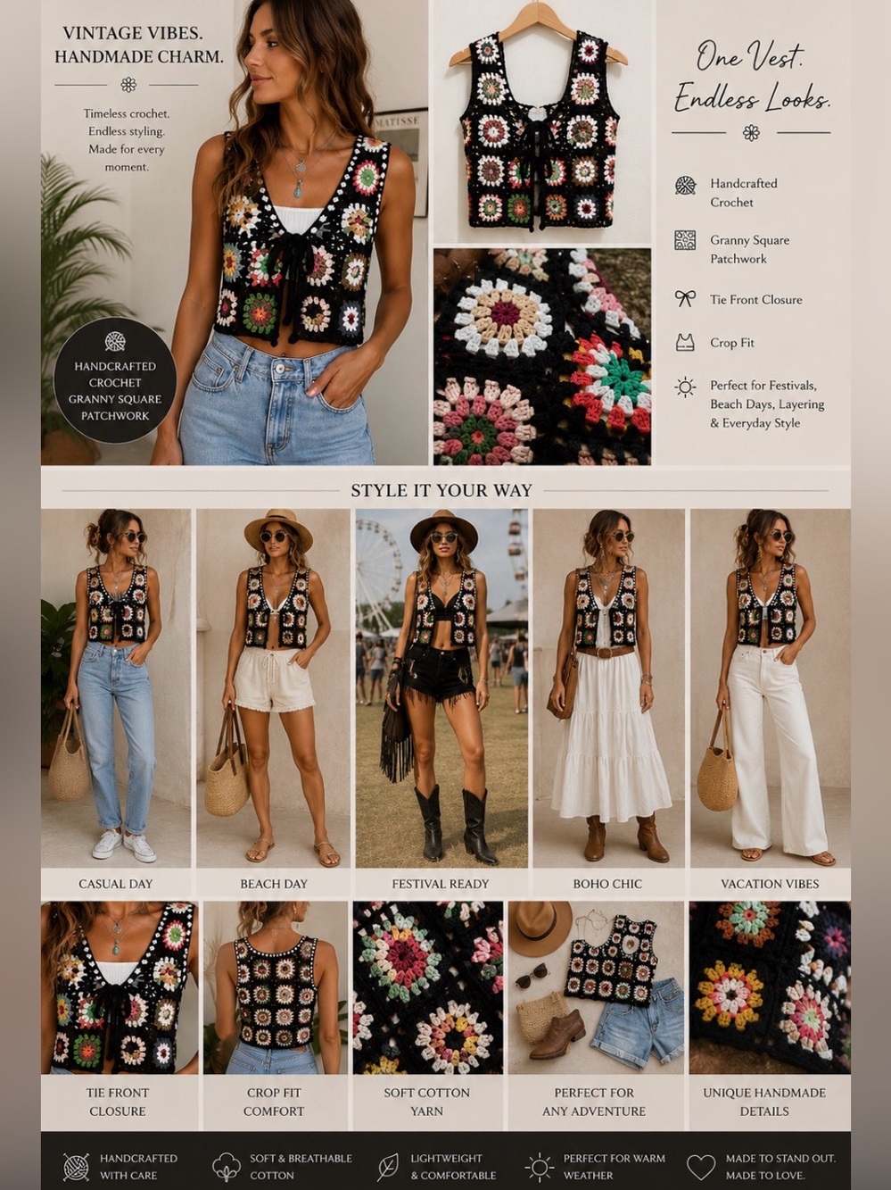 Vintage Style Hand Crochet Granny Square Tie Front Vest